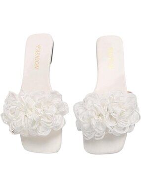 Women's 3D Floral Flat Sandals White Square Open Toe PU Leather Slip on Slides